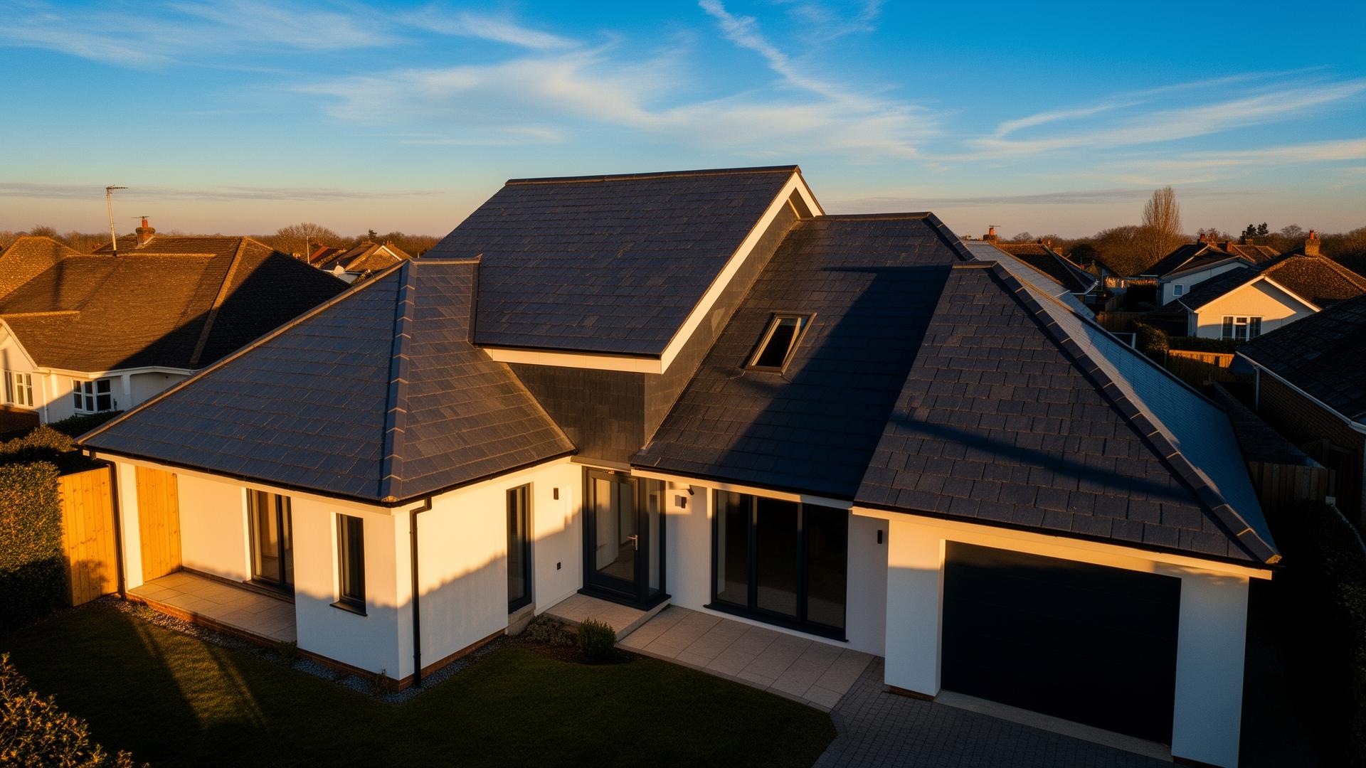Modern UK home with new pitched slate roof