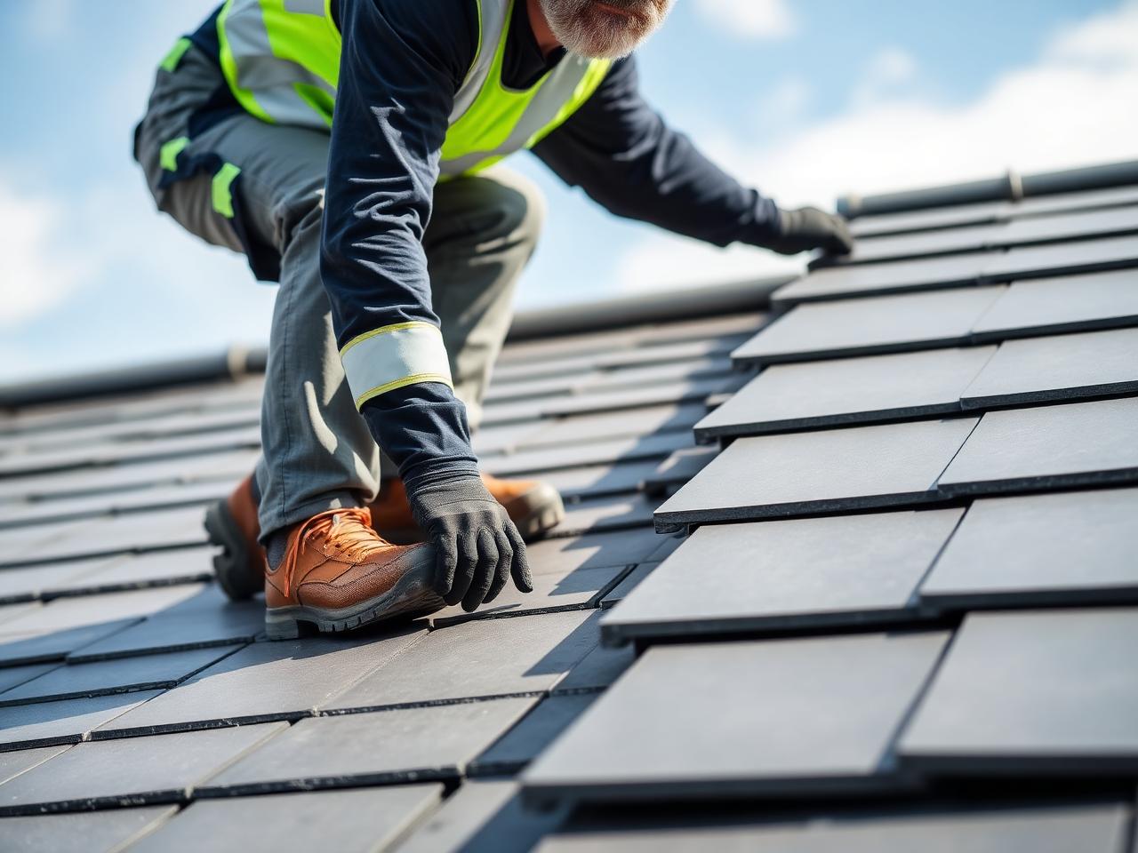 Roofer installing slate tiles